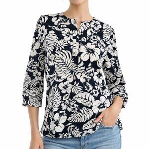 Lauren Ralph Lauren Black White Floral Cotton Tunic Blouse Boho Resort S Coastal